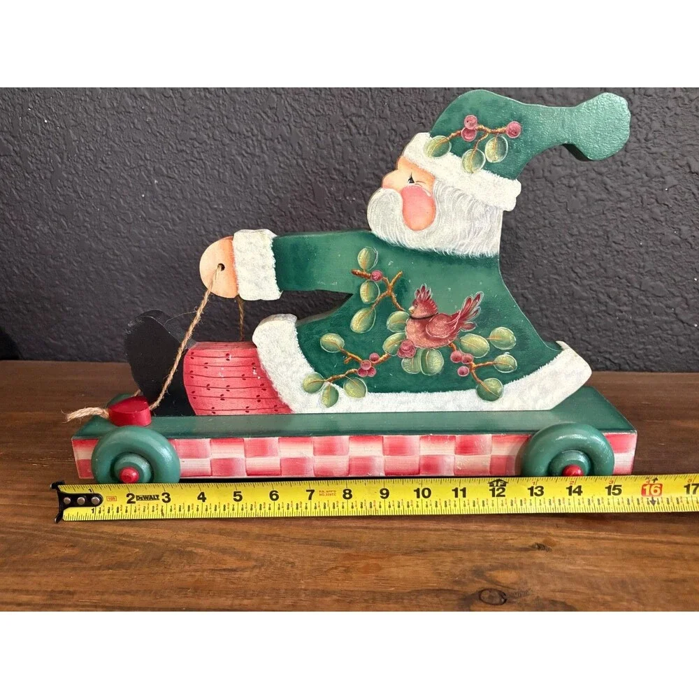 Vintage 1990s Briar Patch Primitives Hand Painted Wood Santa Claus on Wheels Chr